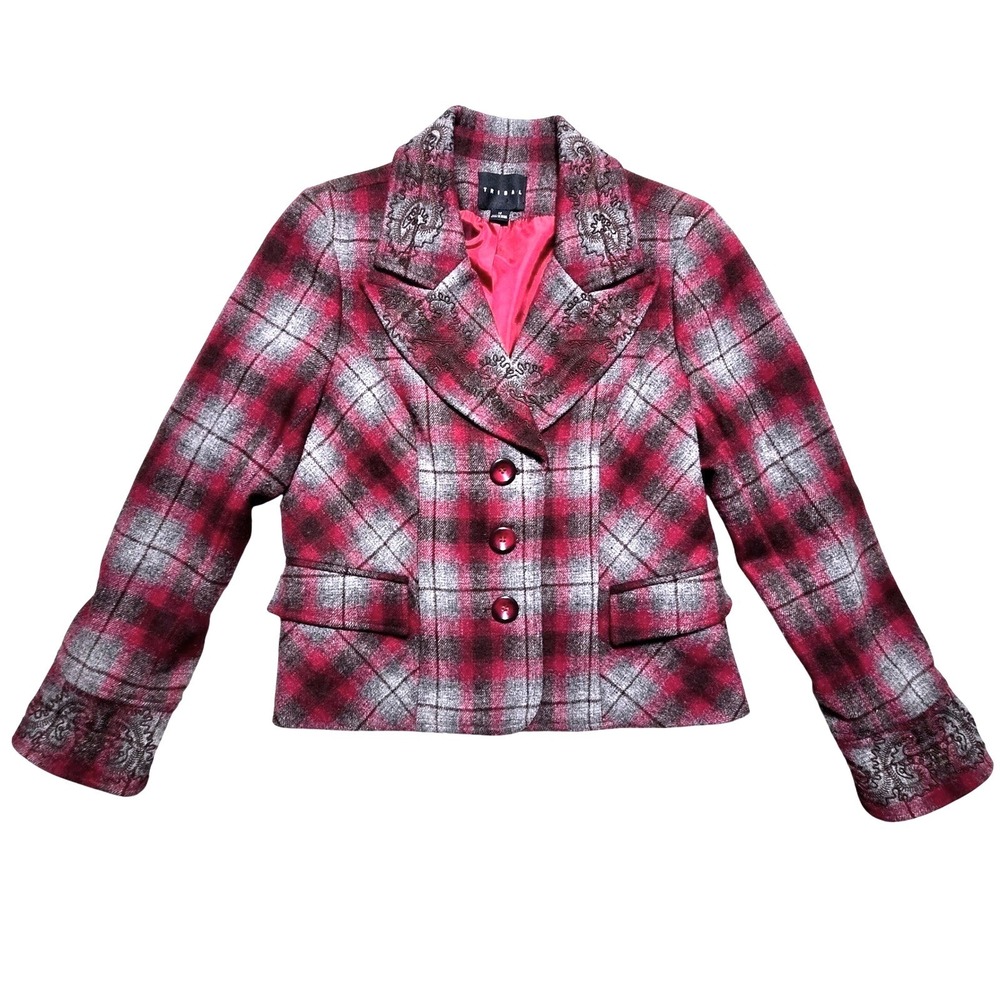 Tribal Blazer Womens 12 Wool Blend Plaid Embroidered Burgundy Gray Size 12